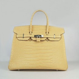 Hermes Birkin 35Cm Crocodile Stripe Handbags Yellow Silver